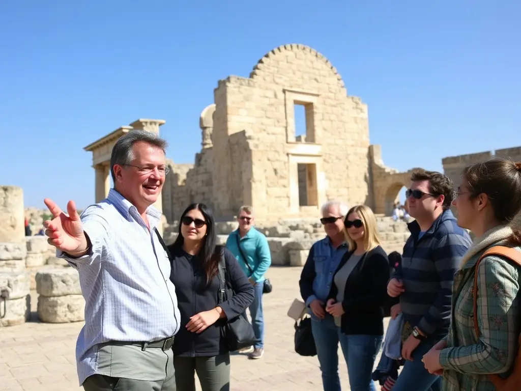 A photograph capturing a guided tour group inside the Tower, with the guide pointing out historical features and participants listening attentively.