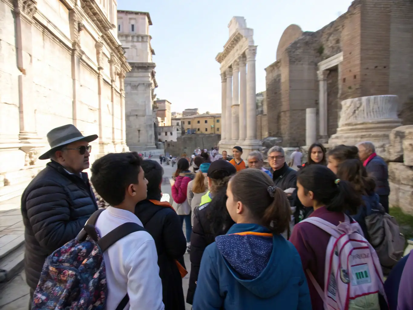 A group of visitors listening attentively to a guide in front of the historic Tower, with detailed architectural features visible.