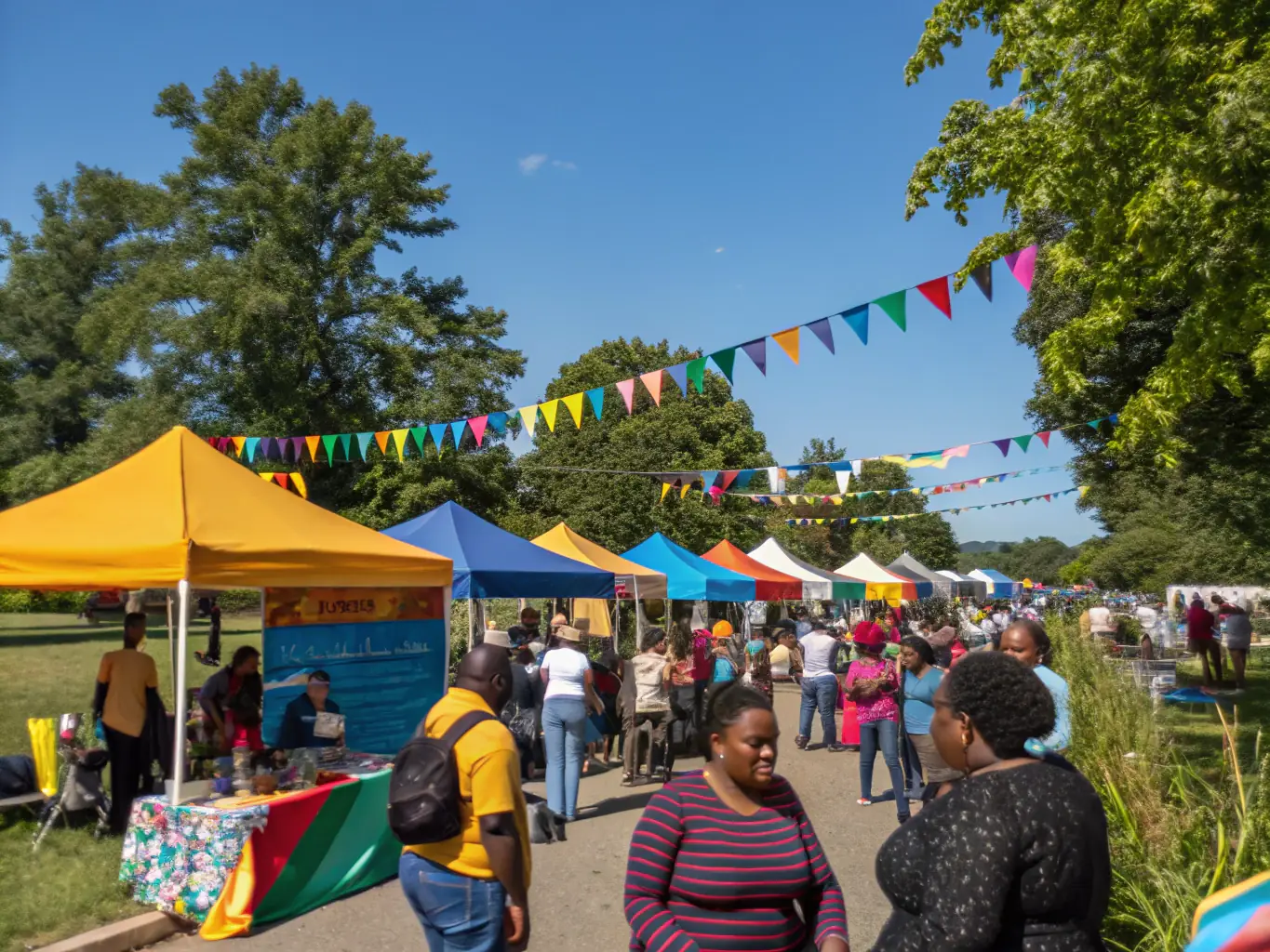 A photograph of a community event held at the base of the Tower, with people of all ages enjoying music, food, and historical demonstrations.